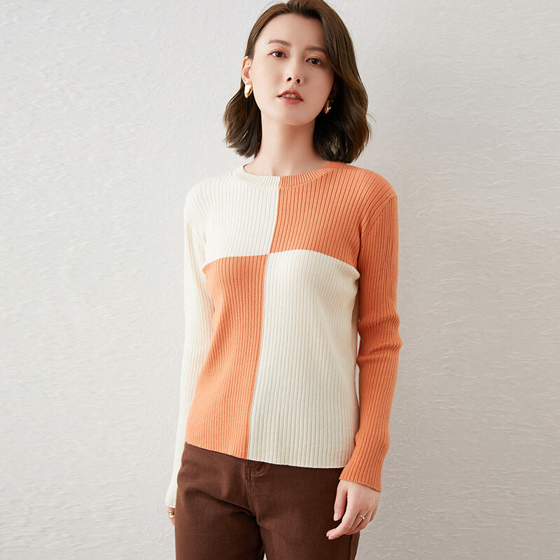 Suéter de manga larga con bloqueo de Color para mujer, Jersey ajustado de cuello redondo, párrafo corto, Base de Color que combina con todo, otoño e invierno, nuevo