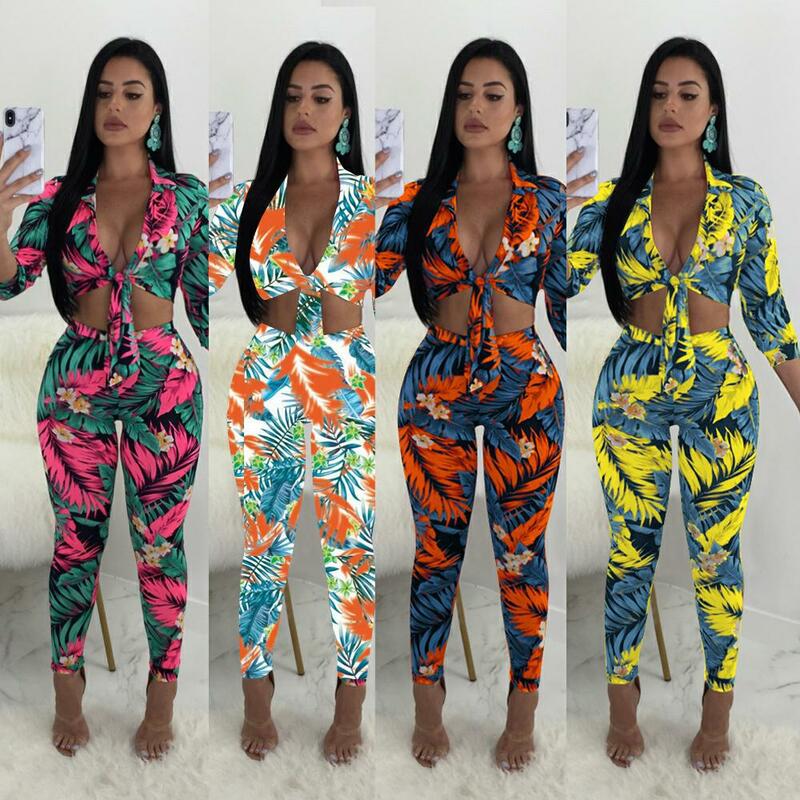 Hot Sale European and American Sexy Fashion Printing Chest Lace-up Two-Piece Set 4 Colors 6 Yards