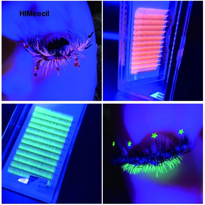 Himeecil Neon Lash Uitbreiding Individuele Glow In The Dark Kleur Wimper Extension Zachte Natuurlijke Schoonheid Zijde Wimpers Valse Mink