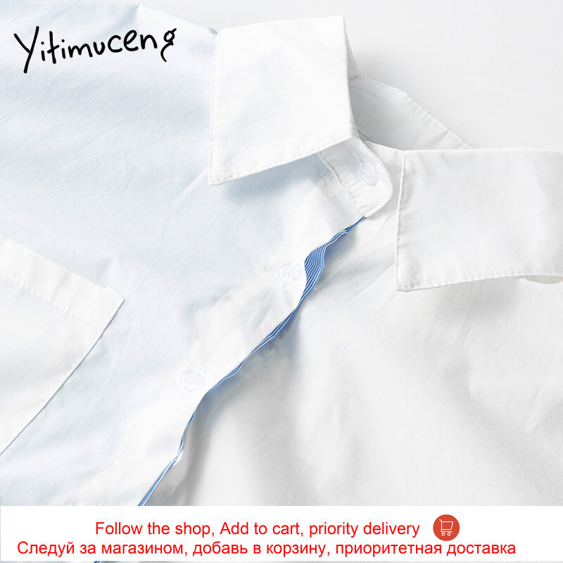 بلوزة مزيفة من قطعتين للسيدات من Yitimuceng بأزرار وياقة مقلوبة مستقيمة بيضاء لربيع وصيف 2021 ملابس علوية كورية عصرية جديدة