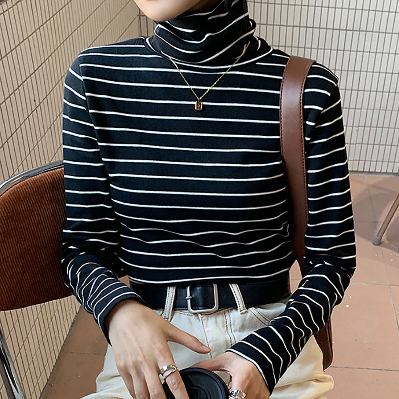 女性用タートルネックTシャツ,ストライプの長袖コットンウェア,スリムな女性用ブラウス2021秋冬