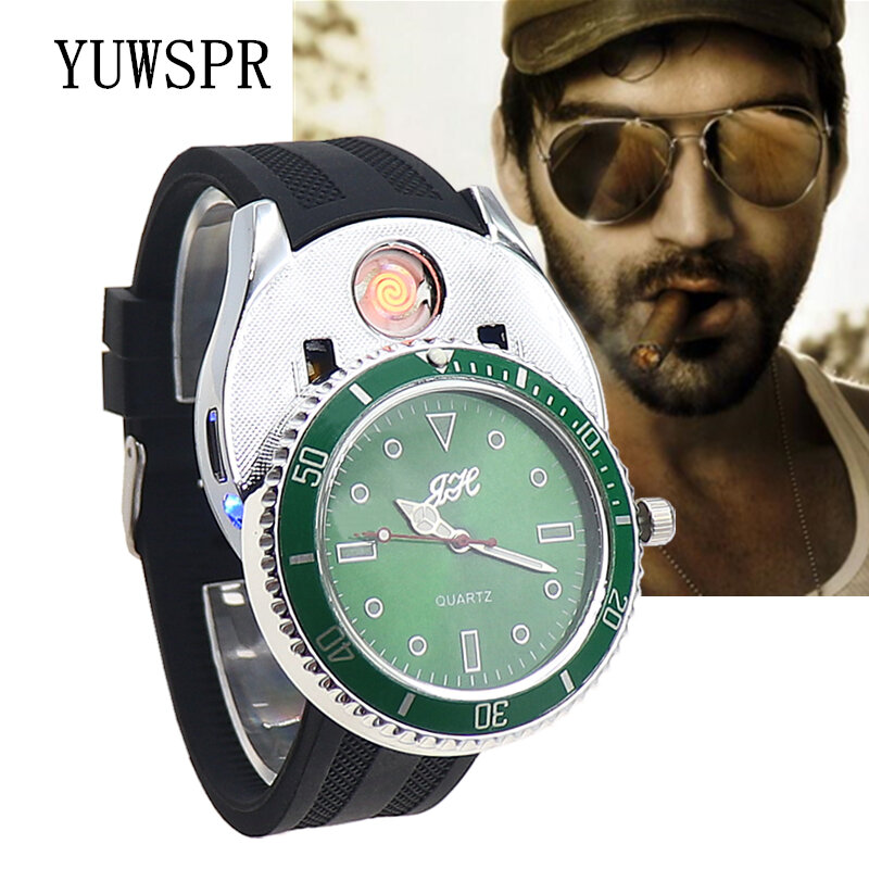 Leichter Uhr Männer USB Aufladbare Leichter Leucht Hände Outdoor-Camping-Mode Grüne Gespenst Uhr Herren Sport Uhr JH333 1 stücke