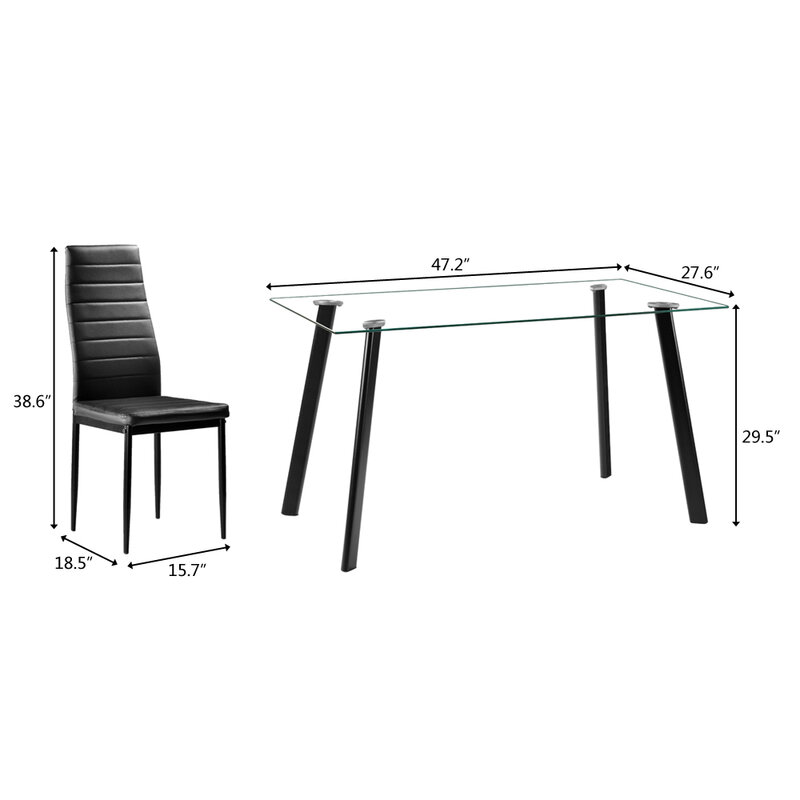 【US Warehouse】Hot 5 Piece Dining Table Set 4 Chairs Glass Metal Kitchen Room Furniture Black