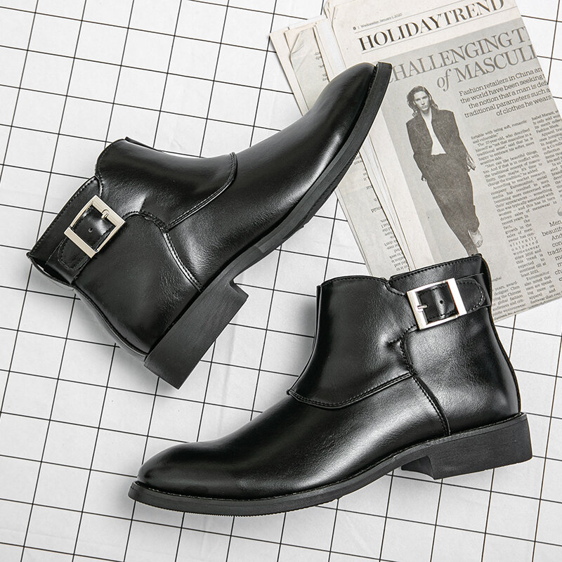 2021 novos sapatos masculinos feitos à mão cor sólida plutônio clássico personalidade fivela zíper negócios casual moda retro martin botas zz420