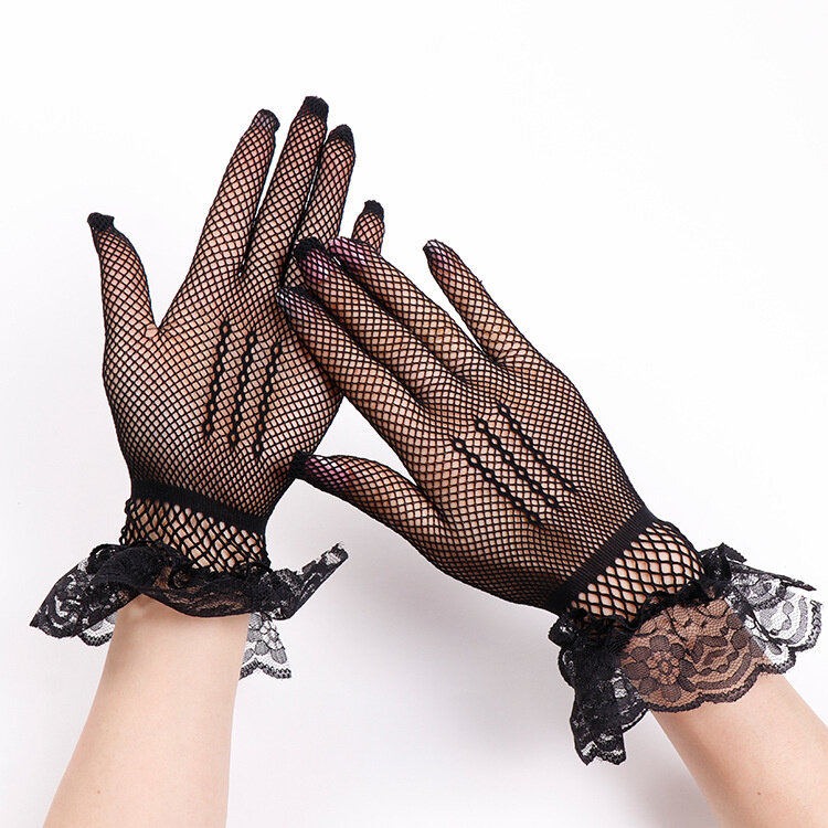 Rękawiczki z siatki damskie cienkie cięcie Sexy czarne koronkowe eleganckie spektakl taneczny ochrona przed słońcem wiosną i latem