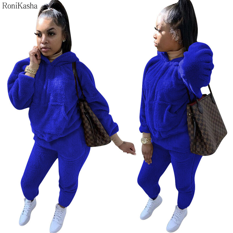 Ronikasha Womens 2 Piece Outfits Warm Fuzzy Fleece Hoodies Sweatpants Tracksuit Set Causal Sweatsuit Wholesale