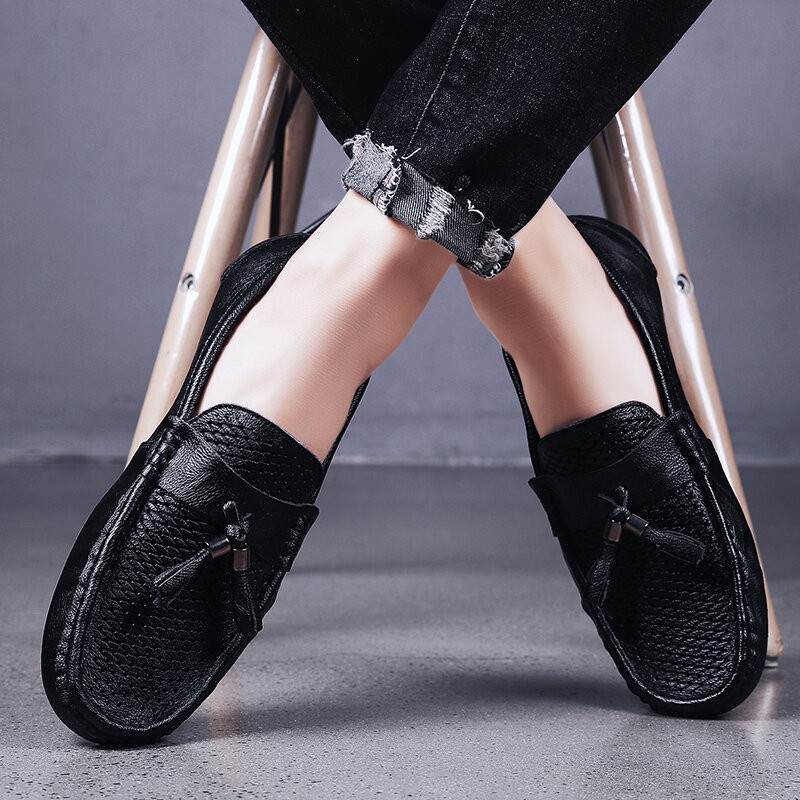 Men Shoes Metal Buckle Loafers slip on All Match Flats hollow out Genuine Leather Shoes outdoor Moccasins Casual Shoes men