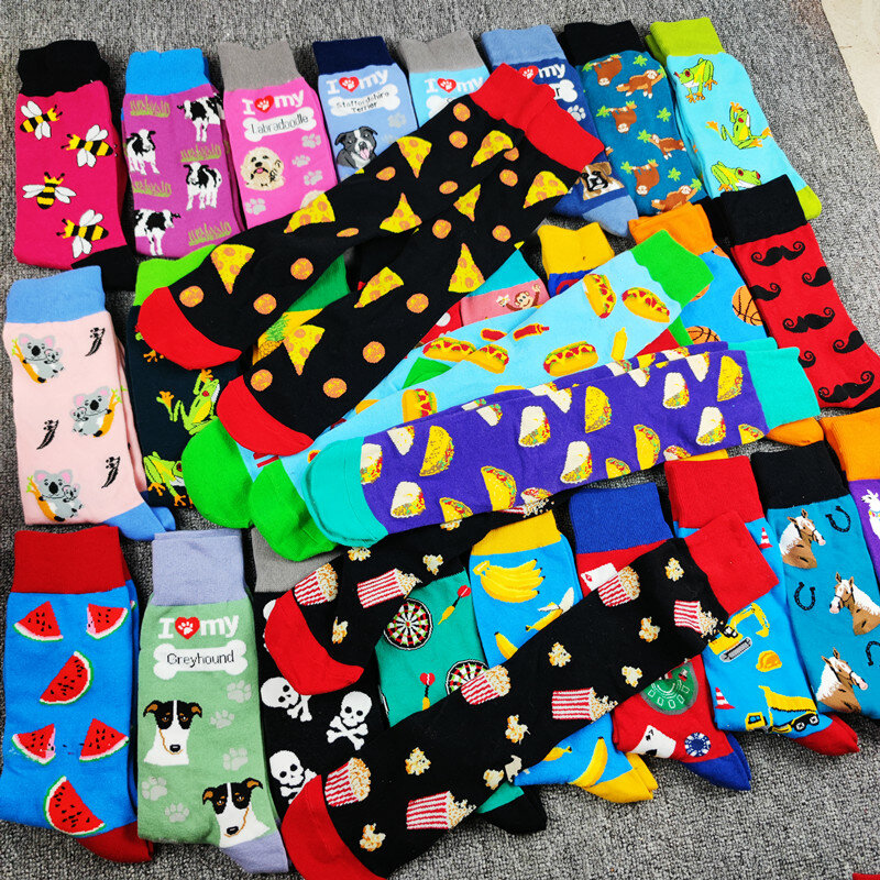 High Tube Trendy Socks para homens e mulheres, 5 pares, aleatória, imagem de animal, Puppy, Burger, Street Trend