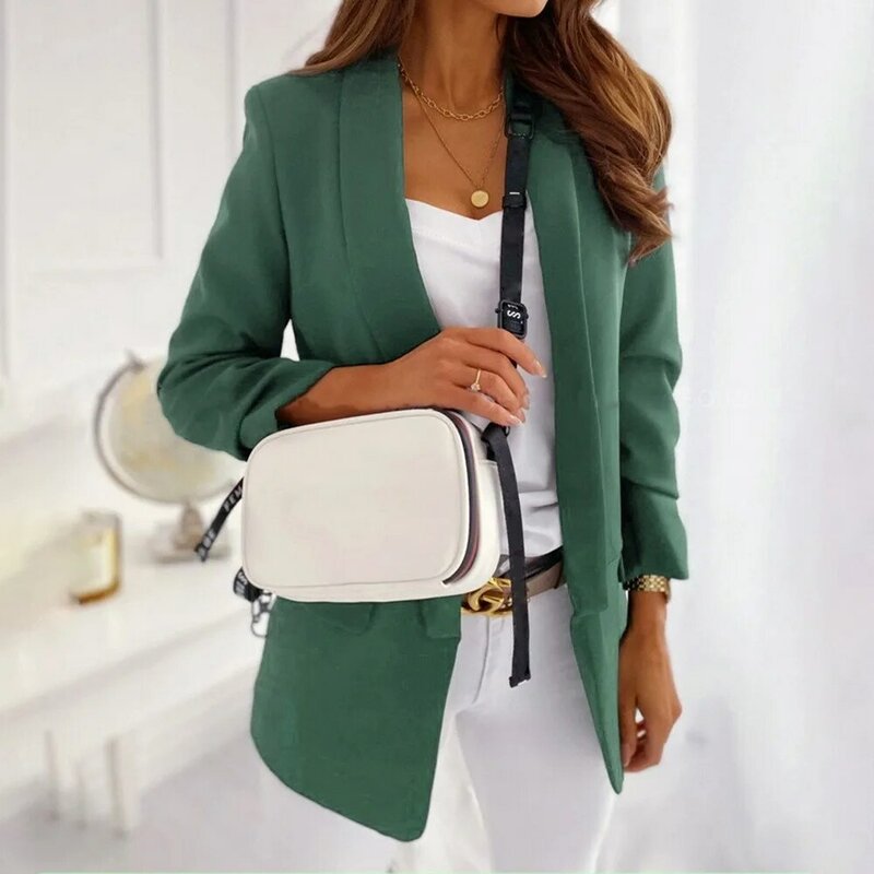 Elegante chaqueta de manga larga para mujer, Blazer con solapa de Color sólido, de otoño, traje de trabajo de oficina
