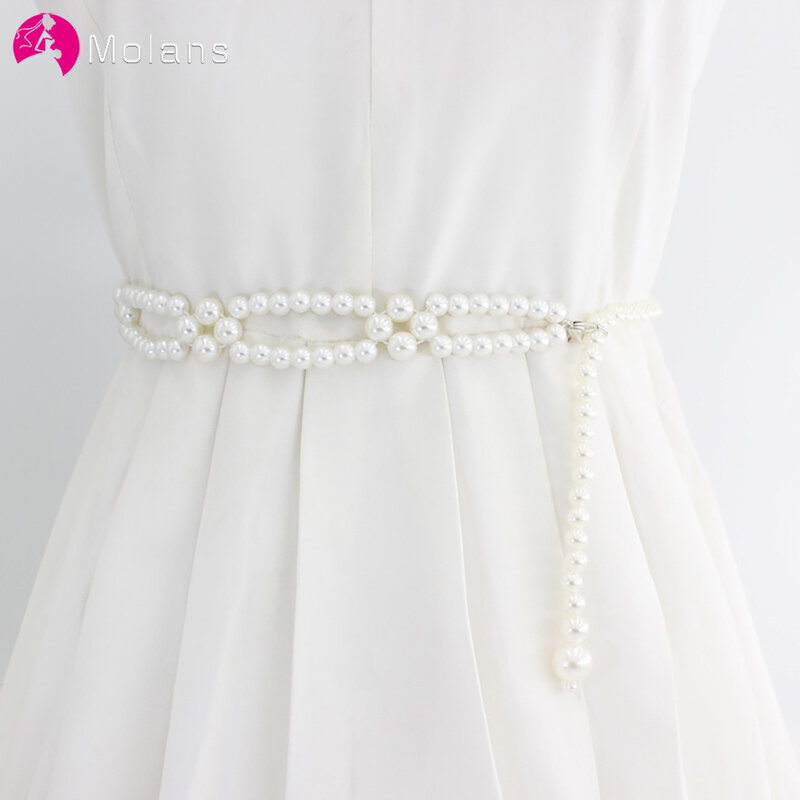 Molans Elegant Women Pearl Belt Waist Belt Elastic Buckle Pearl Chain Belt Female Girls Bride Dress Strap Wedding Accessories