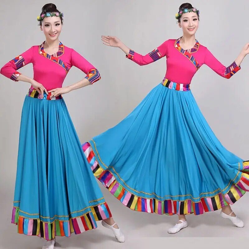Traje tradicional chinês trajes de dança de palco trajes folclóricos desempenho festival tibetano roupa saias longas para a dança feminina