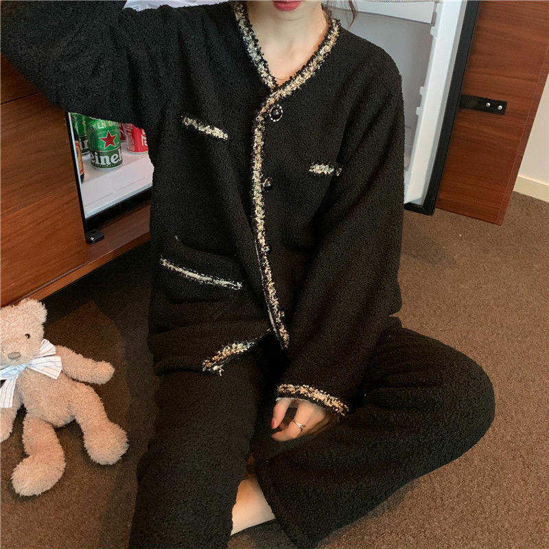QWEEK – pyjama en flanelle pour femme, ensemble 2 pièces, vêtements de nuit élégants, courts, décontractés, chauds, pour l'hiver
