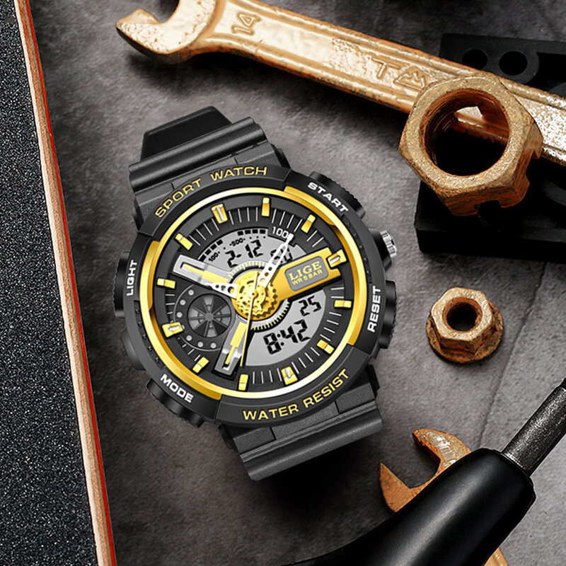 2021 LIGE nowy Sport mężczyźni zegarek kwarcowy cyfrowy podwójny wyświetlacz zegarek wodoodporny Alarm Chronograph Top marka luksusowy zegarek dla mężczyzn