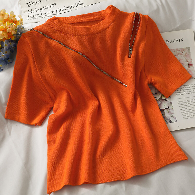 T-shirt manches courtes col rond femme, tricot ajouré avec fermeture éclair, Design de la minorité française