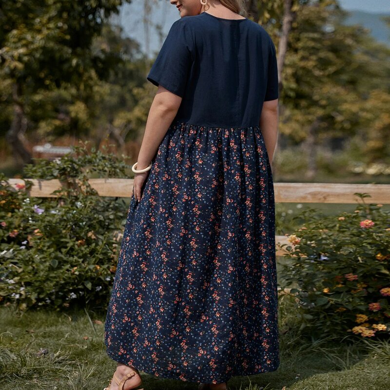 Gaun Musim Panas Wanita Gaun Print Fashion Gaun Panjang Sambungan Kasual Lengan Pendek Leher-o Gaun Sundress Kasual Ukuran Besar Baru Vestidos
