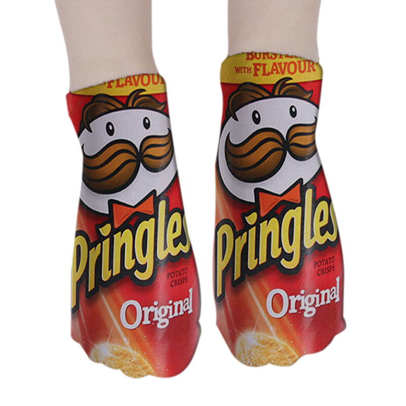 Модные хлопковые носки с 3D принтом для мужчин и женщин, эластичные спортивные дышащие осенние короткие носки с забавными картофельными чип...