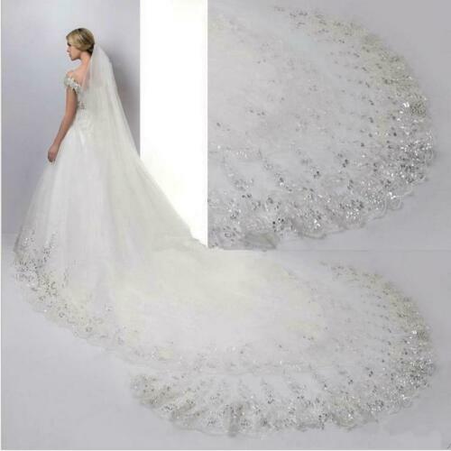 Véu de noiva formal de luxo, design clássico, branco, marfim, longo, renda, cristais