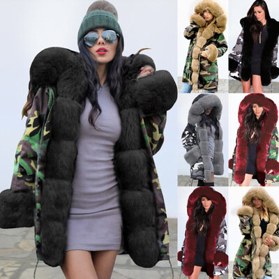Ladies Casual ลวงตาเสื้อแขนยาวกับกระเป๋า Lapel Faux ขน Coat Casual Hooded Warm Coat