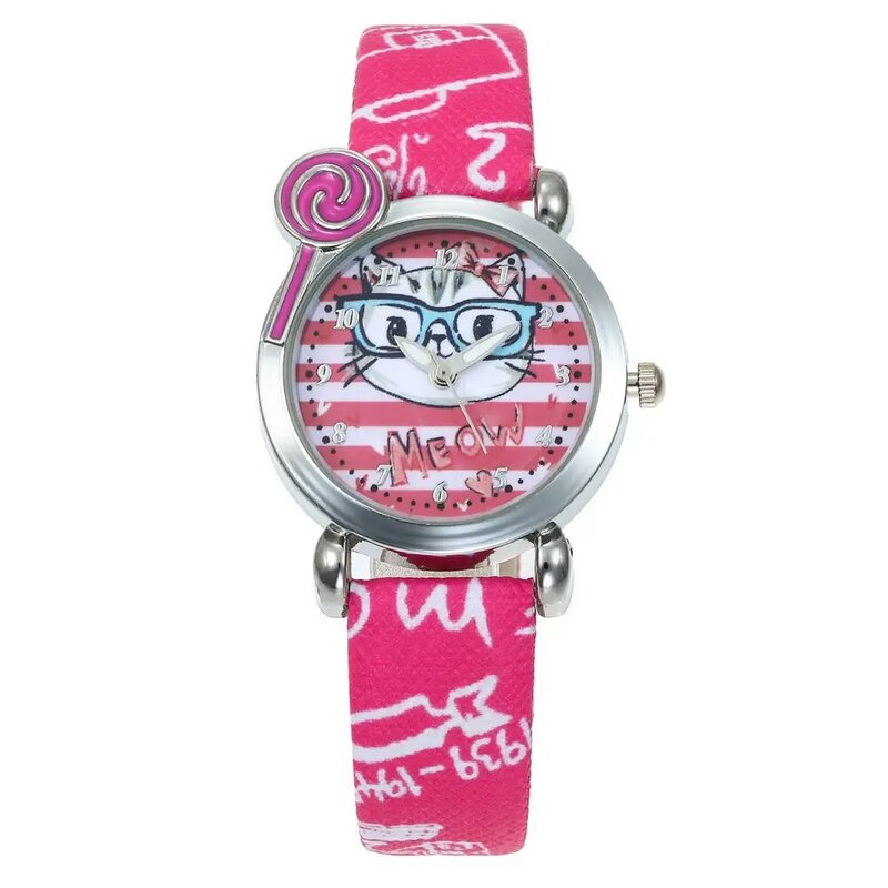 핫 패션 브랜드 만화 귀여운 안경 고양이 키즈 쿼츠 시계 어린이 소녀 소년 가죽 팔찌 손목 시계 손목 시계 시계, 인기 패션 브랜드