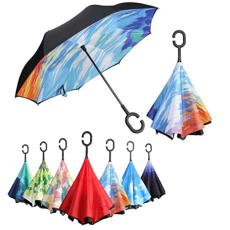 Двухслойный инвертированный Зонт с длинным хвостовиком, ветрозащитный мужской зонт с обратным крючком для гольфа, автоматические зонты бе...