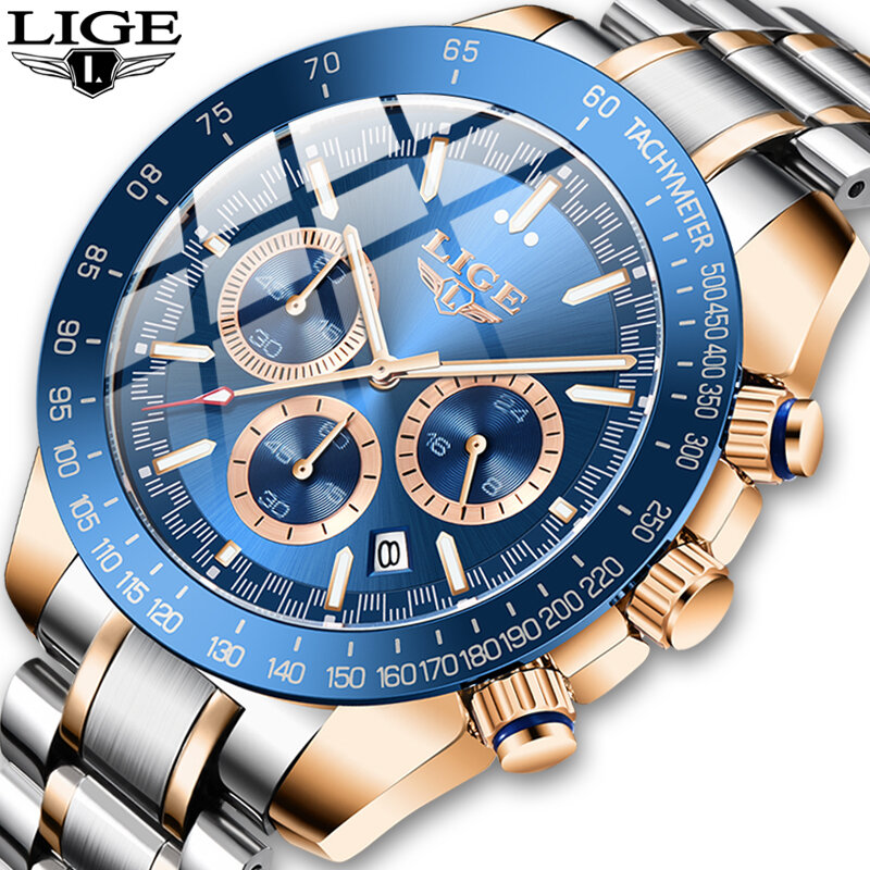 2021LIGE New Casual Sport cronografo orologi da uomo cinturino in acciaio inossidabile orologio da polso quadrante grande orologio al quarzo con puntatori luminosi