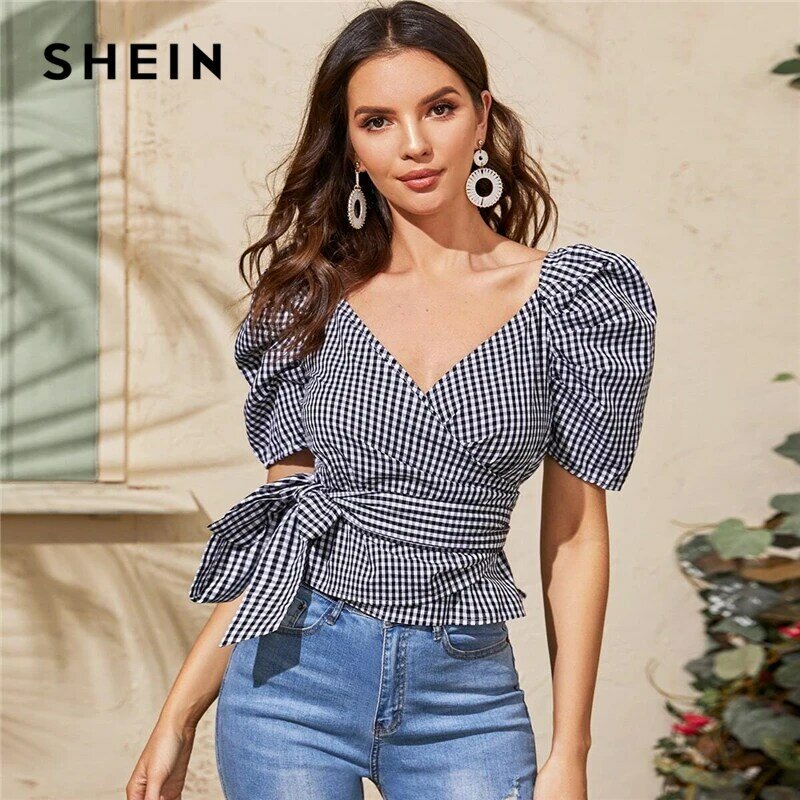 Shein gingham blusa com cinto e manga bufante, blusa feminina elegante gola  em v para verão 2020 / Camisas e blusas