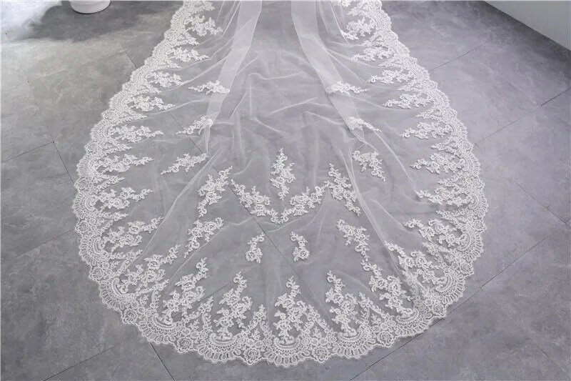 Nzuk longo véus de noiva com pente uma camada 3 metros casamento branco marfim renda borda applique catedral comprimento véu com pente voile