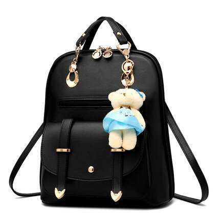 Cor sólida meninas moda dos desenhos animados bonito mochila várias cores de couro do plutônio urso pingente nova mochila feminina com pingente de urso