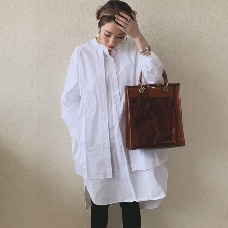 한국어 패션 여성 블라우스 2020 봄 여름 긴 소매 가짜 두 조각 패치 워크 풀오버 루즈 화이트 셔츠 여성 탑스