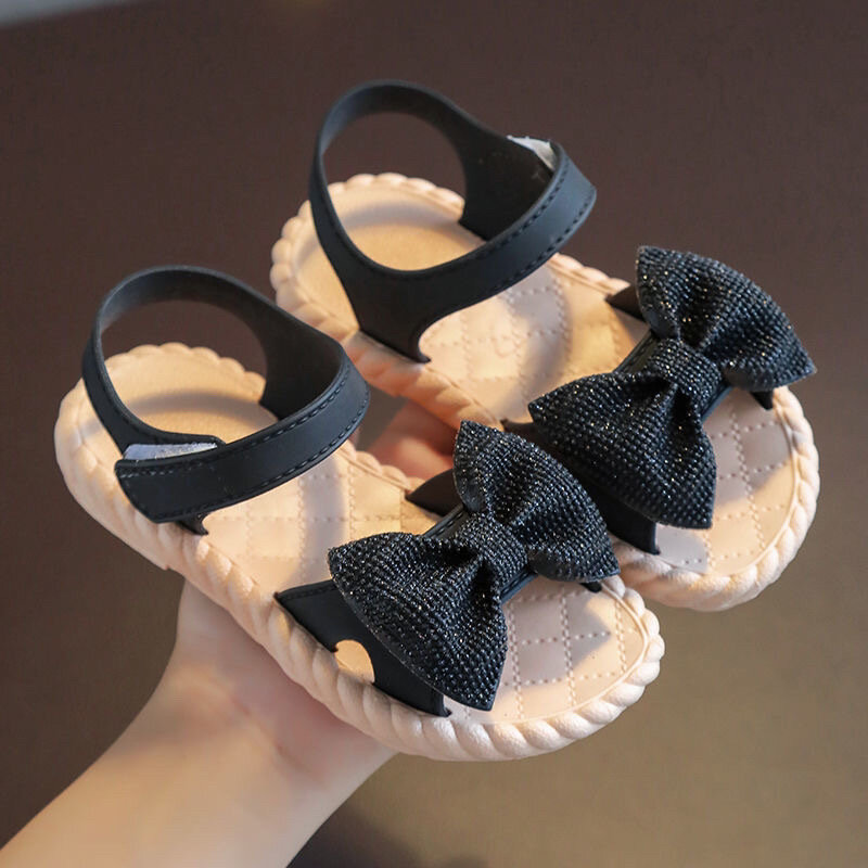 Girls Sandals 2021 Summer New Cartoon Bow Little Girl Foreign Style Cute Solid Color Soft Bottom Beach Shoes