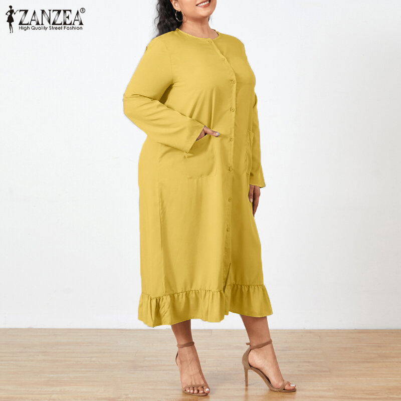 2022 Stylish ผู้หญิงแขนยาว O คอ Sundress ZANZEA ลำลอง Ruffle เสื้อขนาดใหญ่วันหยุดหญิง Plus Size Robe
