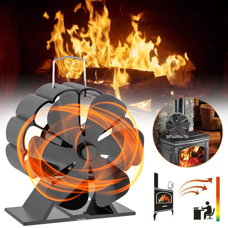 Ventilador de chimenea negro de 6 aspas alimentado por calor, funcionamiento silencioso, respetuoso con el medio ambiente, eficiente en combustible, para quemador de troncos de madera