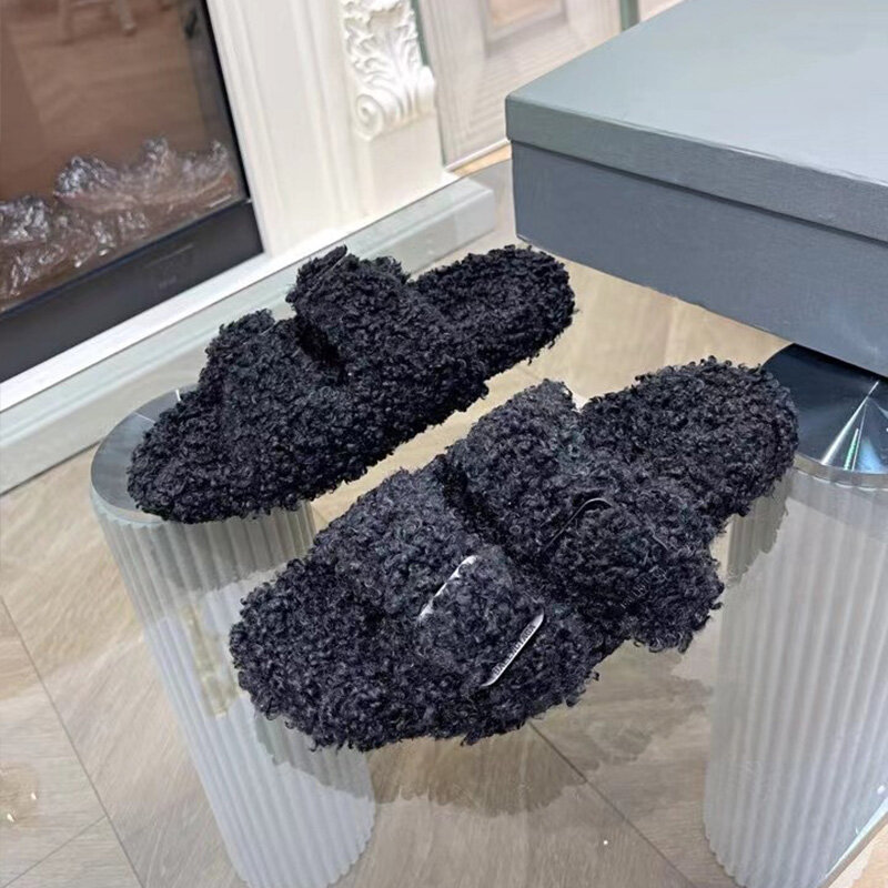 Furry Slippers Women's Flip Flops Curly Wool Outer Wear Flat Shoes Sheep Cake Wool Outer Wear Women's Shoes Spring And Autumn