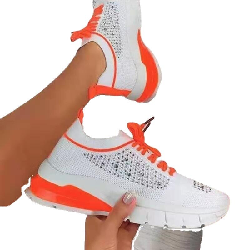 2021 الربيع والخريف حجر الراين تحلق المنسوجة أحذية نسائية عادية حذا فردي للسيدات الدانتيل متابعة شبكة تنفس أحذية أحذية رياضية