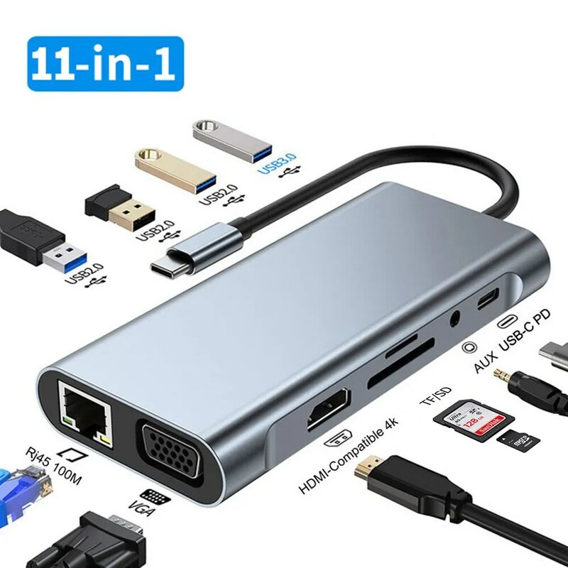 HUB USB C a HDMI 4K, adaptador VGA con conector RJ45 PD TF SD de 3,5mm, AUX 4/5/6/8/11, estación de puertos para Macbook Pro/Air