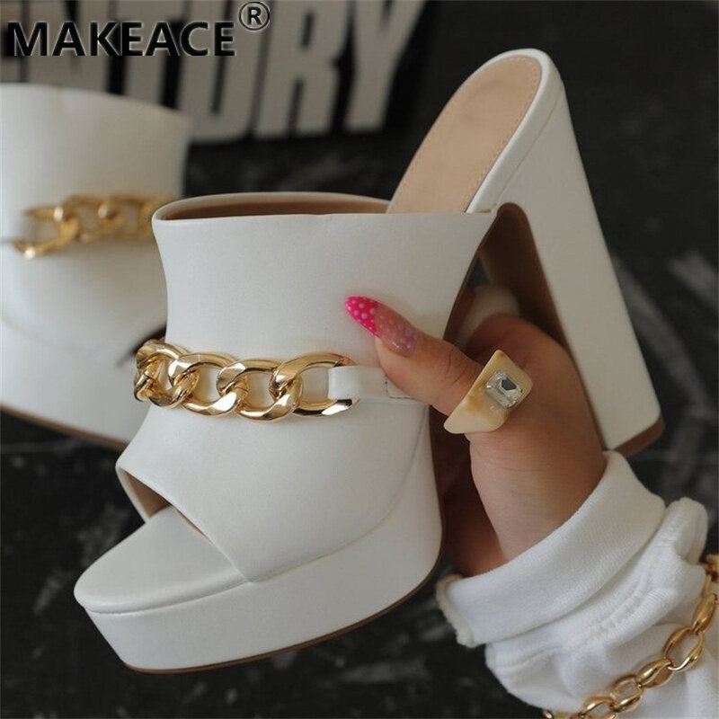 New High-heeled Outdoor Open-toe Women's Slippers Fashion Metal Chain European and American High-heeled Sandals Shoes for Women