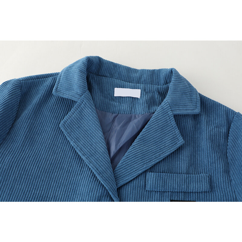 Women Blazer Coat Vintage 2021 Fashion Single-Breasted Loose Corduroy Long Sleeve Pockets Female Blue Jackets Outerwear Chic Top