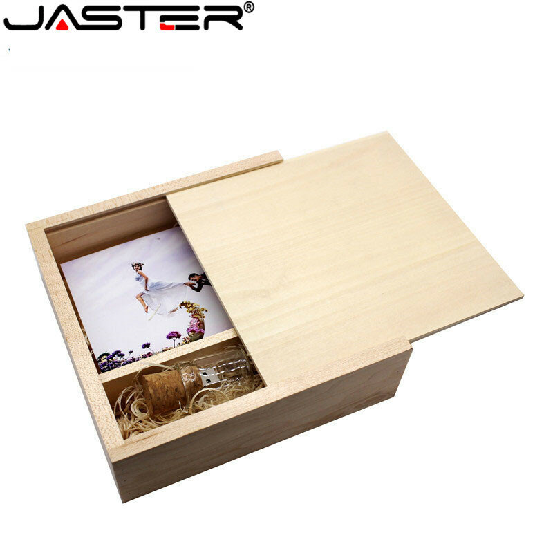 Jaster pendrive de madeira usb, caixa de flash drive para álbum de fotos, usb 2.0, diy, logotipo gravado, garrafa de memória de casamento, presente em massa