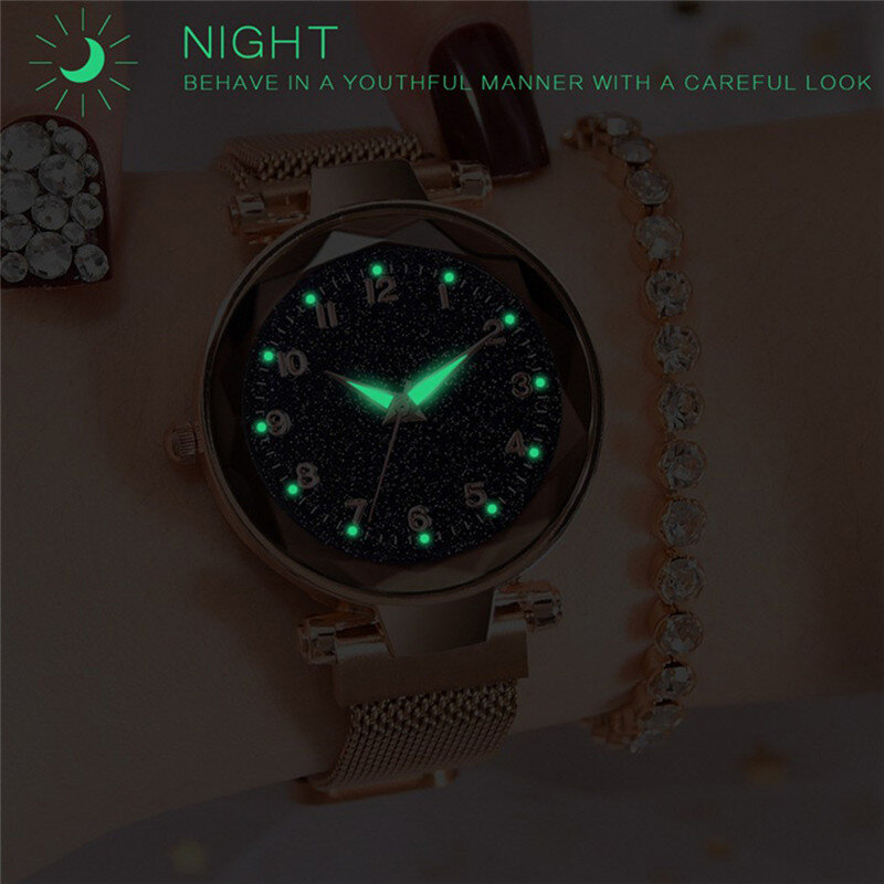 Reloj de pulsera de cuarzo con hebilla magnética para mujer, cronógrafo de cielo estrellado, luminoso, Superficie geométrica, gran oferta, 2021