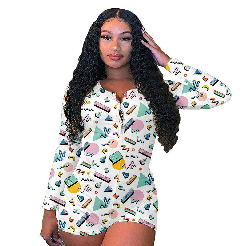 2020 Casual Playsuits Long Sleeve jumpsuit Sleepwear Nightwear Sexy V-neck Buttons Up Pajama Black Print Body Romper Overalls