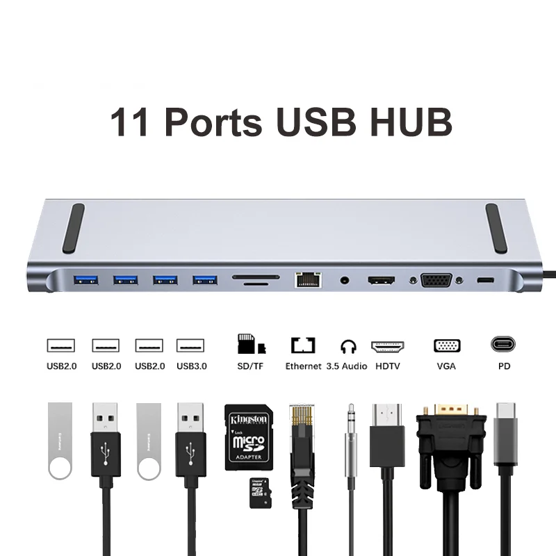 5/6/8/11 In 1 Tipe C Dock USB C Hub 3.0 Splitter Adaptor Multiport 4K HDMI RJ45 SD/TF VGA HDMI PD untuk MacBook iPad Xiaomi Laptop