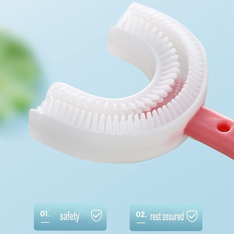 Bebê crianças em forma de u escova de dentes treinamento manual escova de dentes de grau alimentício macio silicone cabeça de escova 360 dentes orais design de limpeza