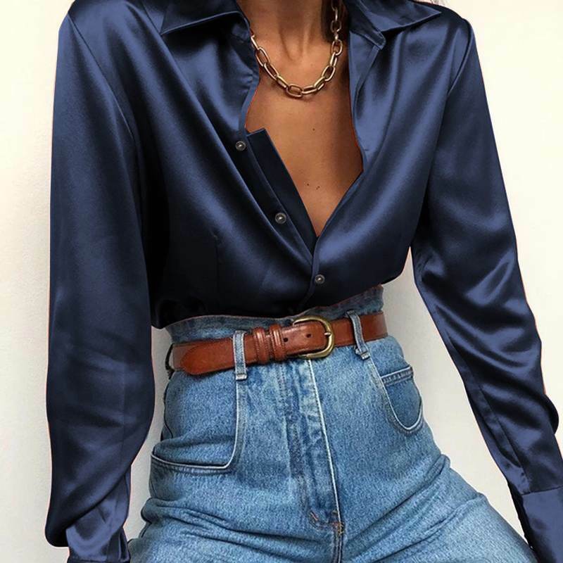Autumn Women Satin Shirt Celmia 2021  Fashion Long Sleeve Slik Blouse Lapel Buttons Elegant Tunic Tops Solid Blusas 