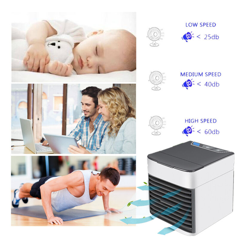 Mini ar condicionado portátil, umidificador e purificador de ambiente, multi-função, 7 cores, led, usb, desktop, ventilador para casa