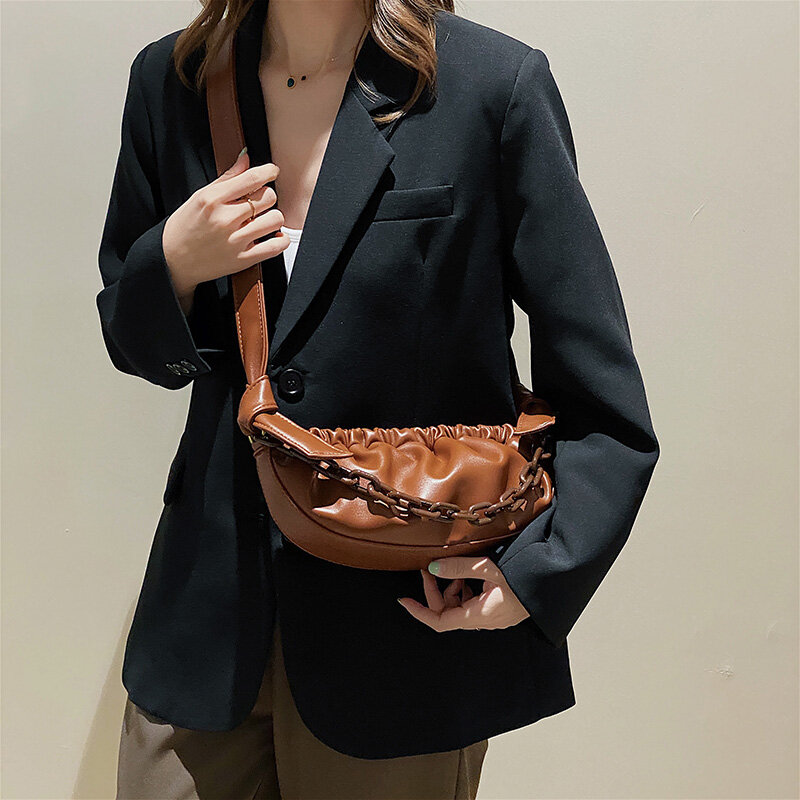 High-Quality Leather Women's Shoulder Bag Fashion  Designer Thick Chain Handbags Ladies Casual Totes Pure Color Crossbody Bags