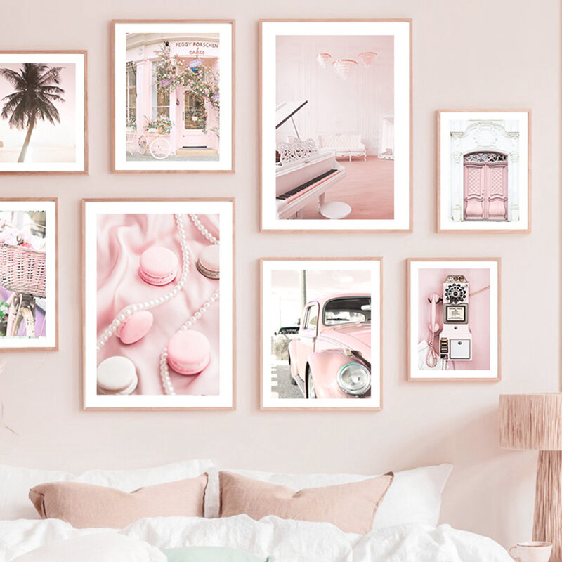 Pintura en lienzo para pared, carteles nórdicos e impresiones, imágenes de pared para decoración de sala de estar, paisaje de flores, puerta de Perfume de coche rosa