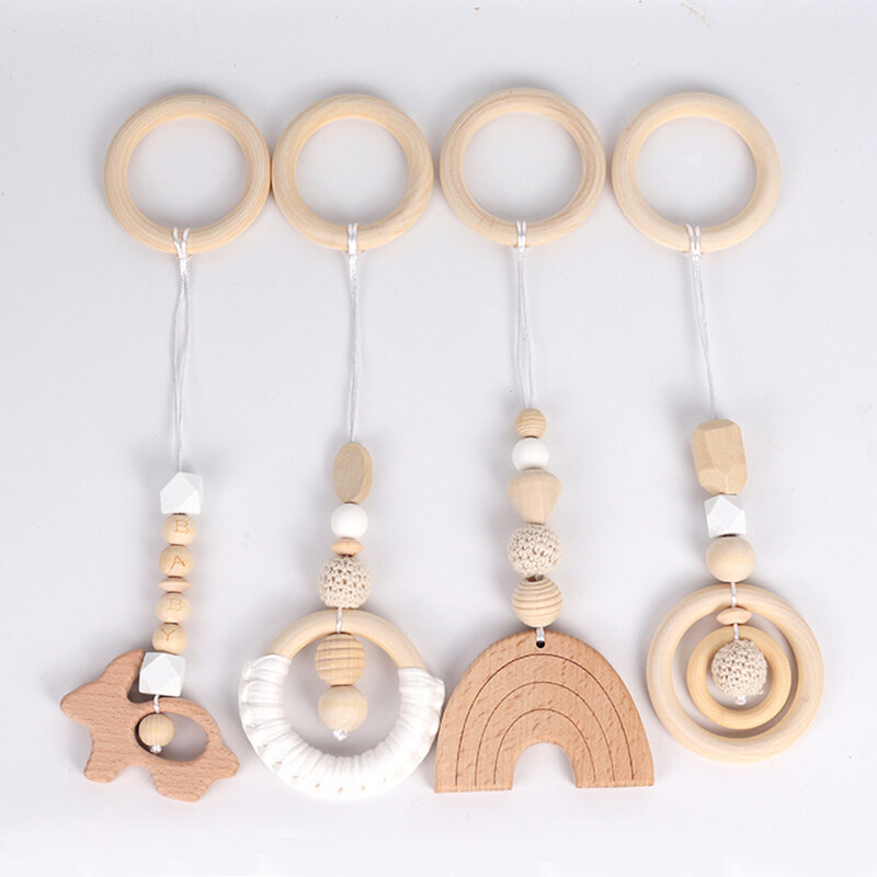 4pcs Wooden Baby Rattle Toys Hanging Decor Ornaments Kids Room Hanging Pendant Decoration Kids Gift Gray