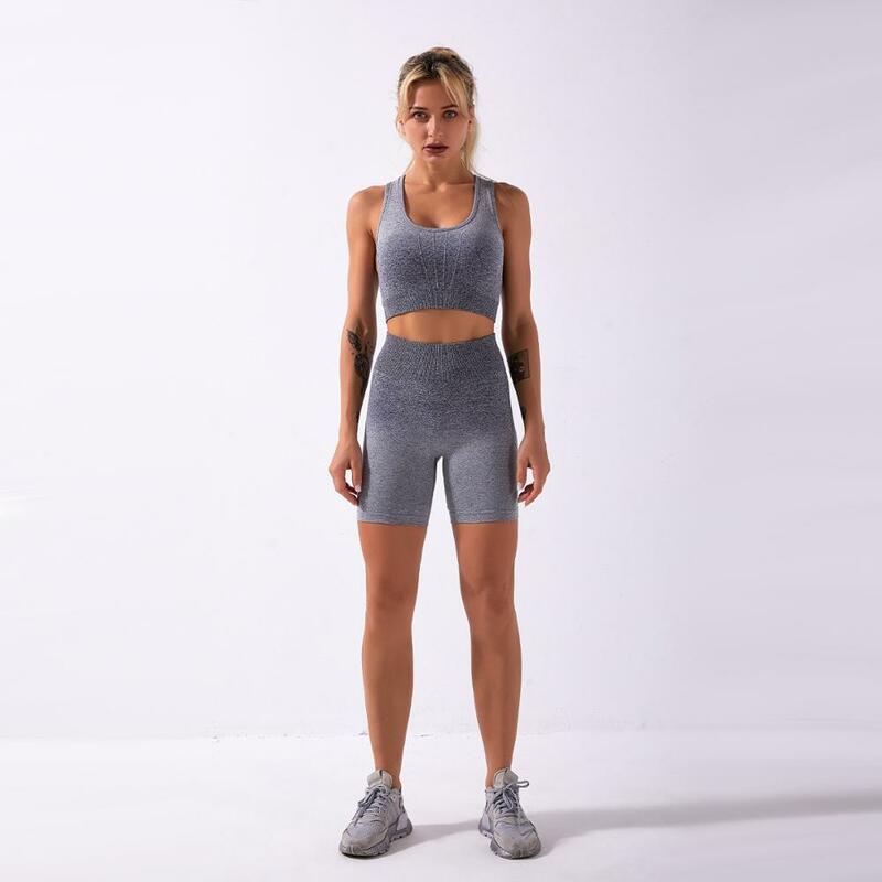 Set Yoga Mulus Ombre 2 Buah Bra Olahraga Wanita + Celana Pendek Olahraga Pinggang Tinggi Pakaian Gym Jogging Pakaian Olahraga Kebugaran Setelan Olahraga