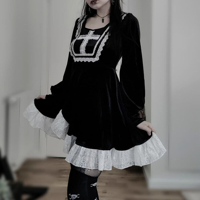 Harajuku Y2K abito nero per donna moda croce pizzo velluto lanterna abito manica ragazza Cool abito in pizzo 2022 primavera autunno abito