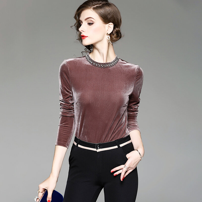 Brand women's wear 2021 spring and Autumn New Women's wear top round neck Handmade Beaded long sleeve bottomed shirt thin lady's